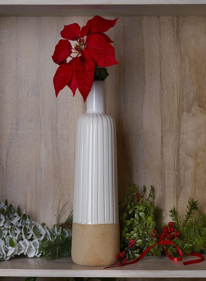 Elements Textured Stripe White and Tan Ceramic Vase, Use to Display Faux or Dried Flowers, 5.12x5.12x14.57 Inch - Image 5