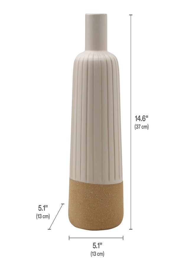 Elements Textured Stripe White and Tan Ceramic Vase, Use to Display Faux or Dried Flowers, 5.12x5.12x14.57 Inch - Image 2