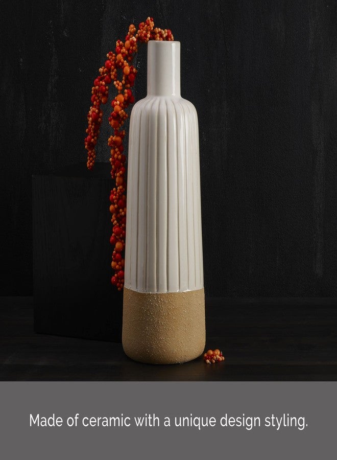 Elements Textured Stripe White and Tan Ceramic Vase, Use to Display Faux or Dried Flowers, 5.12x5.12x14.57 Inch - Image 4