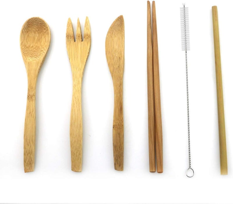 Uniturcky Bamboo Cutlery Travel Utensils Set Reusable Flatware Tableware Eco Friendly KnifeForkSpoonChopsticksStrawsStraws Cleaner wPouch Wooden Utensil Outdoor Camping Picnic Service for 4 White - Image 2
