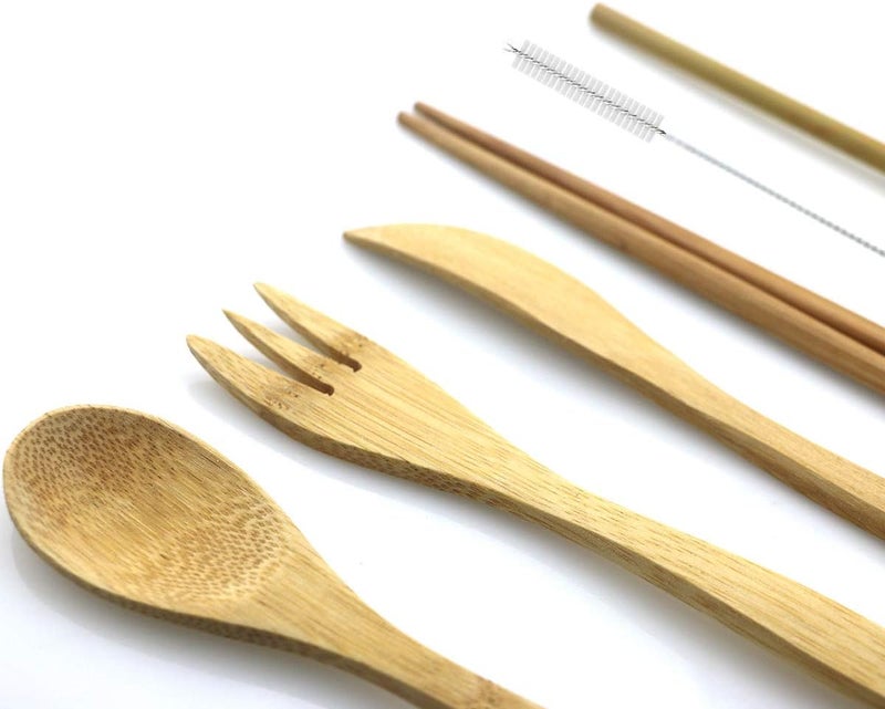 Uniturcky Bamboo Cutlery Travel Utensils Set Reusable Flatware Tableware Eco Friendly KnifeForkSpoonChopsticksStrawsStraws Cleaner wPouch Wooden Utensil Outdoor Camping Picnic Service for 4 White - Image 4