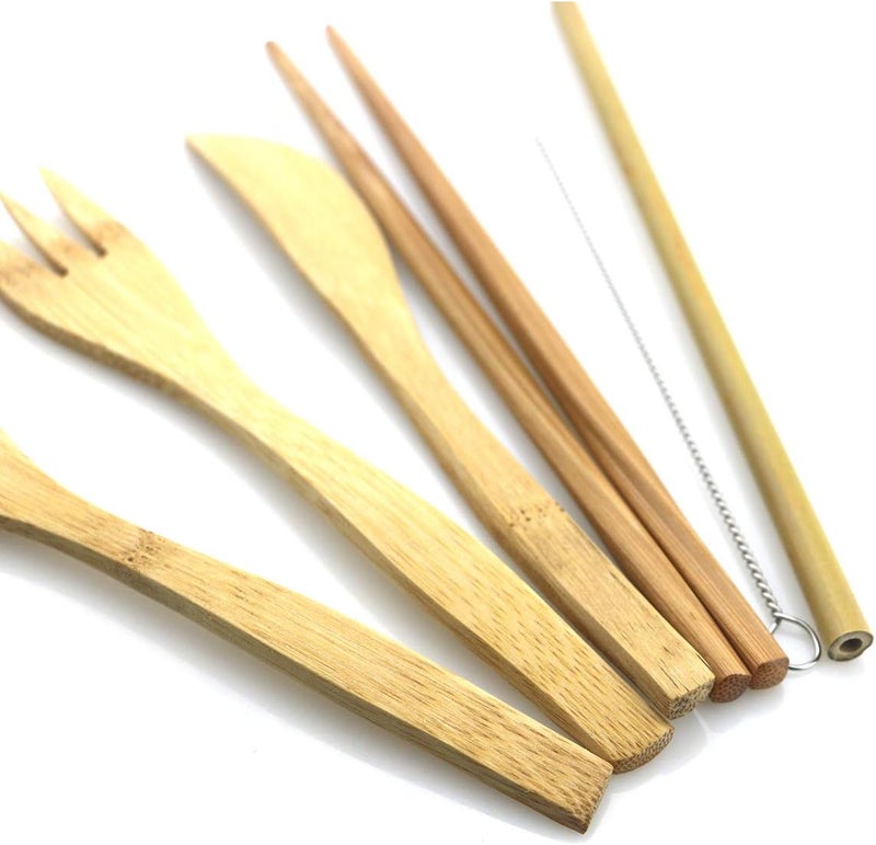 Uniturcky Bamboo Cutlery Travel Utensils Set Reusable Flatware Tableware Eco Friendly KnifeForkSpoonChopsticksStrawsStraws Cleaner wPouch Wooden Utensil Outdoor Camping Picnic Service for 4 White - Image 5