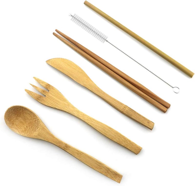 Uniturcky Bamboo Cutlery Travel Utensils Set Reusable Flatware Tableware Eco Friendly KnifeForkSpoonChopsticksStrawsStraws Cleaner wPouch Wooden Utensil Outdoor Camping Picnic Service for 4 White - Image 3