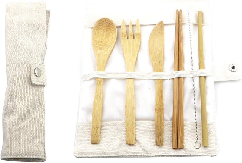 Uniturcky Bamboo Cutlery Travel Utensils Set Reusable Flatware Tableware Eco Friendly KnifeForkSpoonChopsticksStrawsStraws Cleaner wPouch Wooden Utensil Outdoor Camping Picnic Service for 4 White - Image 1