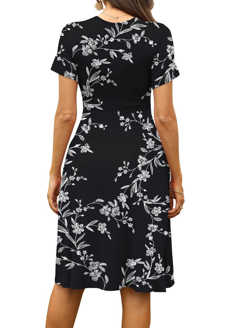 WEACZZY Casual Summer Dresses for Women 2025 Loose Dresses Short Sleeve Dress for Women V Neck Pleated Midi Dress,Floral White Black,XXL - Image 3