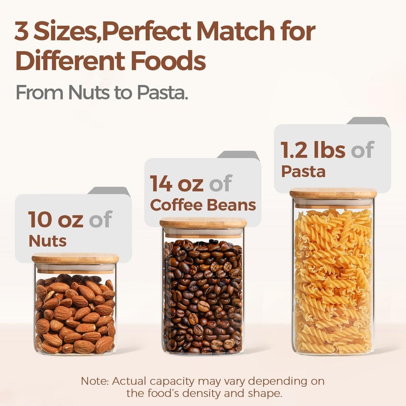 ComSaf Glass Food Storage Containers Set, Airtight Clear Food Jars with Bamboo Wooden Lids, Square Stackable Kitchen Canisters (22oz*2/37oz*2/50oz*2) - Image 3