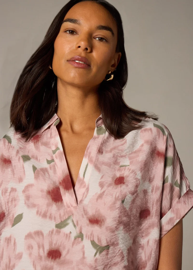 ماتلان Et Vous Pink Brushed Floral V-Neck Blouse