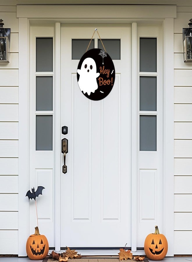 YUNKKIN Halloween Door Decorations Cute Ghost Decor Halloween Wreath Hey Boo Sign Wooden Front Door Hanger Spider Web Spider Bat Ghost Hanging Sign Wreath for Wall Indoor Home Decor - Image 3