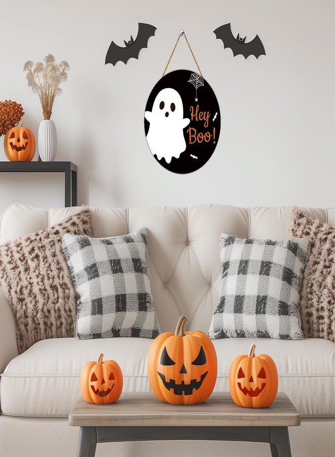 YUNKKIN Halloween Door Decorations Cute Ghost Decor Halloween Wreath Hey Boo Sign Wooden Front Door Hanger Spider Web Spider Bat Ghost Hanging Sign Wreath for Wall Indoor Home Decor - Image 4