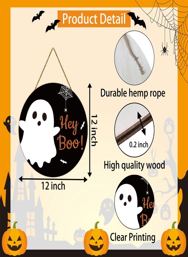 YUNKKIN Halloween Door Decorations Cute Ghost Decor Halloween Wreath Hey Boo Sign Wooden Front Door Hanger Spider Web Spider Bat Ghost Hanging Sign Wreath for Wall Indoor Home Decor - Image 2
