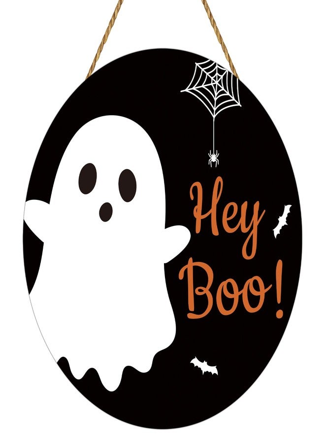 YUNKKIN Halloween Door Decorations Cute Ghost Decor Halloween Wreath Hey Boo Sign Wooden Front Door Hanger Spider Web Spider Bat Ghost Hanging Sign Wreath for Wall Indoor Home Decor - Image 1