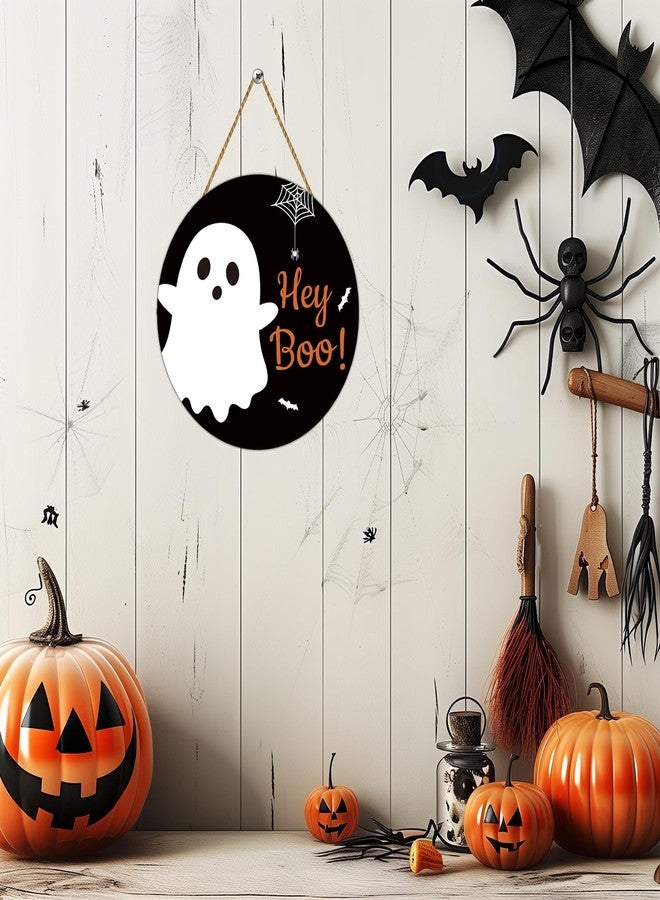 YUNKKIN Halloween Door Decorations Cute Ghost Decor Halloween Wreath Hey Boo Sign Wooden Front Door Hanger Spider Web Spider Bat Ghost Hanging Sign Wreath for Wall Indoor Home Decor - Image 5