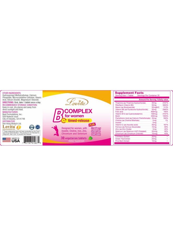 Lovita High Potent Vitamin B Complex for Women, Timed Release, All B Vitamins with Iron, Vitamin C, Cranberry, Pine Bark, Green Tea for Energy, 30 Vegetarian Tablets (Pack of 3) - Image 5