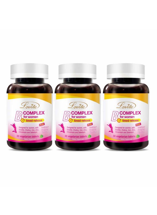 Lovita High Potent Vitamin B Complex for Women, Timed Release, All B Vitamins with Iron, Vitamin C, Cranberry, Pine Bark, Green Tea for Energy, 30 Vegetarian Tablets (Pack of 3) - Image 1