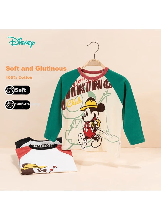 Disney Spring And Autumn Kids Mickey Cartoon Fashion Casual Comfortable Breathable Versatile Cotton Long Sleeve T-shirt Green 130 - Image 1