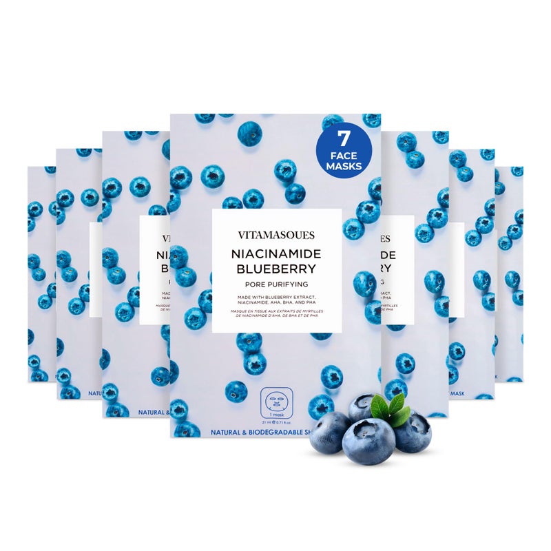 Vitamasques Niacinamide Blueberry Face Sheet Mask 7 Pack  Pore Purifying Korean Skin Care Sheet Face Mask Improves Uneven Skin Tone  Reduces Blemishes