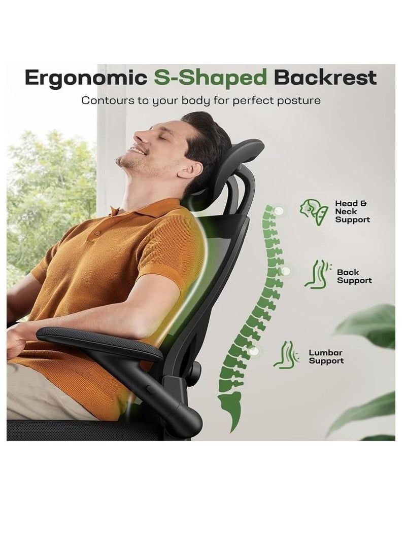 Golden Ergonomic Office Chair, Mesh Office Chair with 3D Headrest, High Back Office Chair with Coat Hanger, Tilt Function, Lumbar Support Office Chair for Home Office (Black) - Image 4