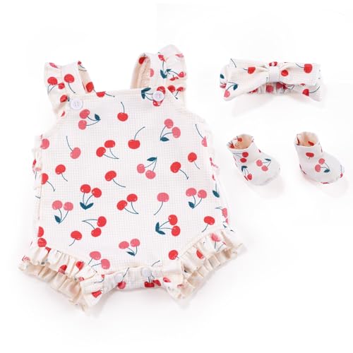 BABESIDE 3 Pcs Reborn Baby Doll Clothes Accessories Cherry Pattern for 17 22 Inch Baby Doll Clothes Outfits with Romper Headband Socks - Image 1