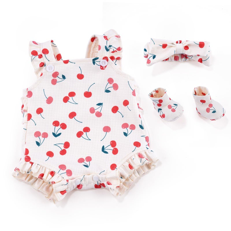 BABESIDE 3 Pcs Reborn Baby Doll Clothes Accessories Cherry Pattern for 17 22 Inch Baby Doll Clothes Outfits with Romper Headband Socks - Image 3