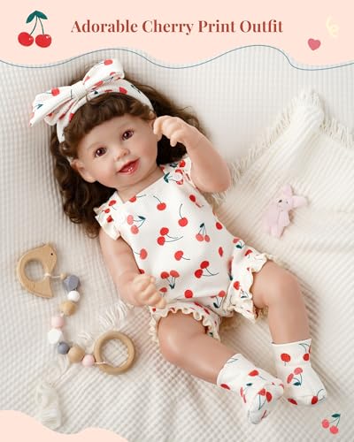 BABESIDE 3 Pcs Reborn Baby Doll Clothes Accessories Cherry Pattern for 17 22 Inch Baby Doll Clothes Outfits with Romper Headband Socks - Image 5