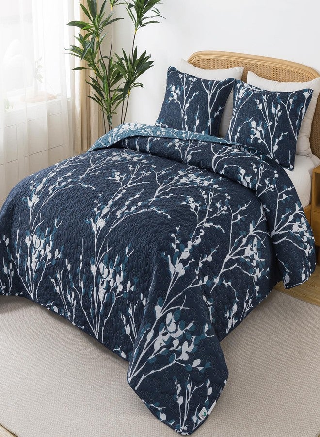 Andency Navy Quilt Queen Size (96x90 Inch), 3 Pieces Floral Lightweight Bedspread, Microfiber Reversible Flower Quilted Coverlet with 2 Pillowcases for Men Women - Image 3