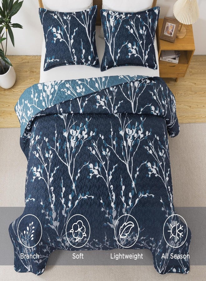 Andency Navy Quilt Queen Size (96x90 Inch), 3 Pieces Floral Lightweight Bedspread, Microfiber Reversible Flower Quilted Coverlet with 2 Pillowcases for Men Women - Image 4