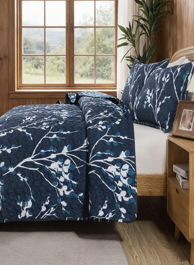 Andency Navy Quilt Queen Size (96x90 Inch), 3 Pieces Floral Lightweight Bedspread, Microfiber Reversible Flower Quilted Coverlet with 2 Pillowcases for Men Women - Image 2