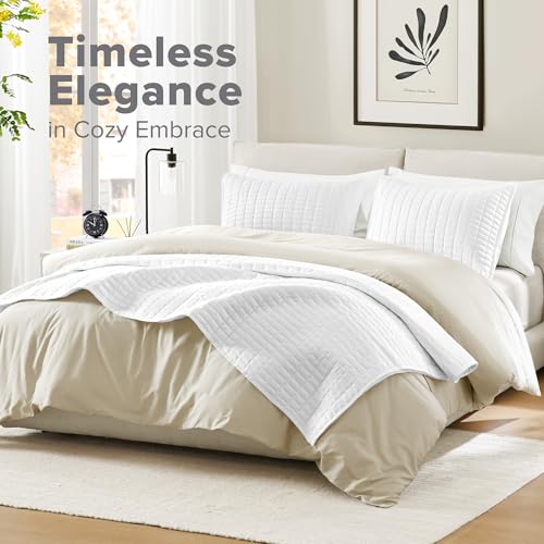 Comfort Spaces طقم لحاف كينا من كومفورت سبيس - تصميم خياطة مزدوجة الجوانب، بطانية صيفية، خفيفة الوزن، ناعمة، طبقة سرير لجميع الفصول، غطاء متطابق، أبيض، غطاء كامل/ملكة (90"x90") 3 قطع - Image 2