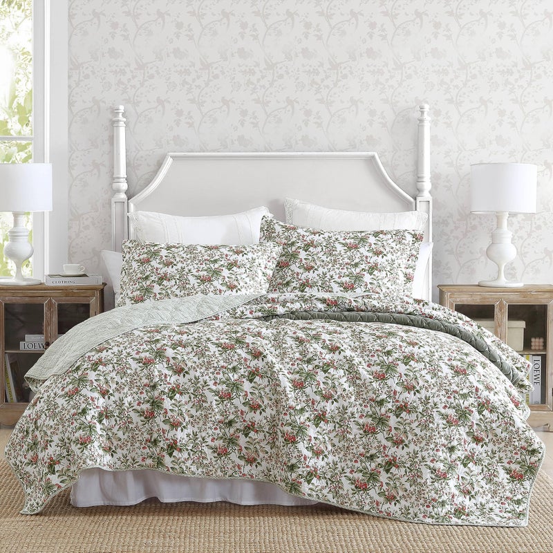LAURA ASHLEY Laura Ashley  Queen Quilt Set Reversible Cotton Bedding with Matching Shams Floral Bedroom Decor for All Seasons Bramble Floral Green Queen
