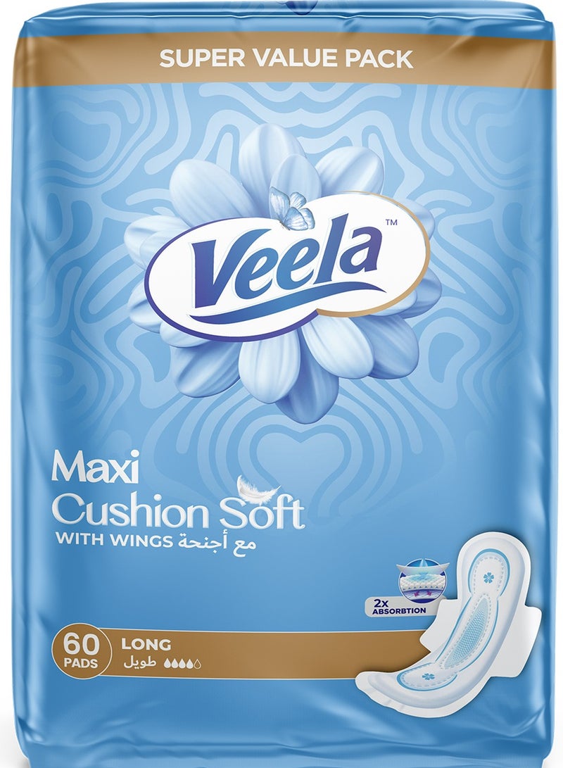 Veela Cushion Soft Maxi Pads for Women - Ultra-Soft, Breathable, and Leak-Proof Sanitary Napkins, Heavy Flow Feminine Hygiene Pads| (LONG, 60, count) Value Pack - Image 1