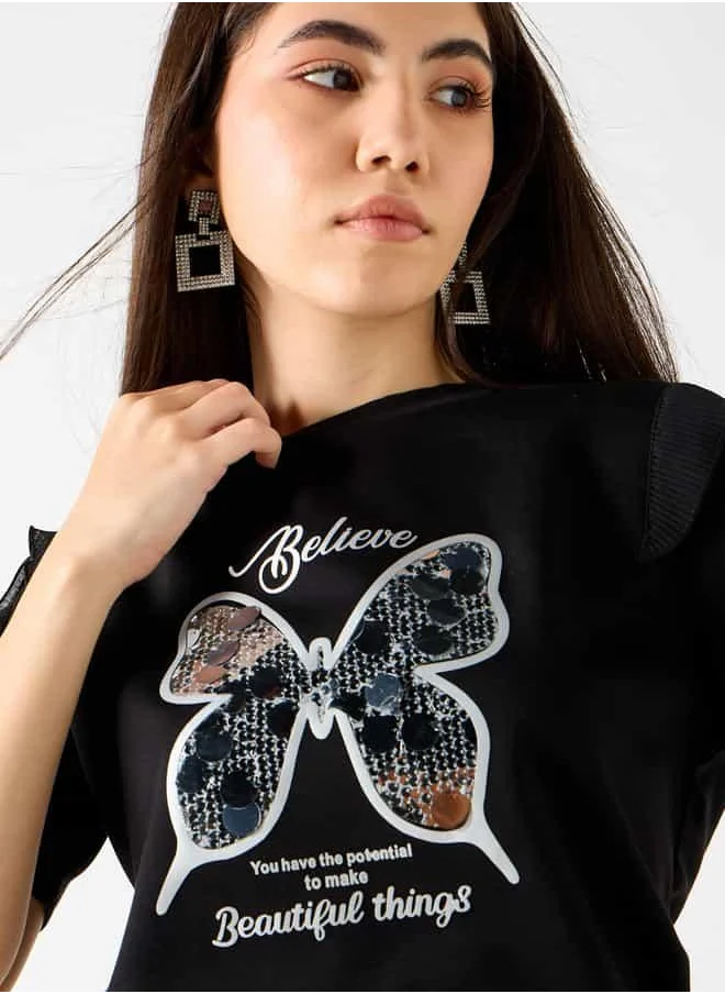 2Xtremz 2Xtremz Butterfly Embellished T-shirt with Ruffle Detail Sleeves