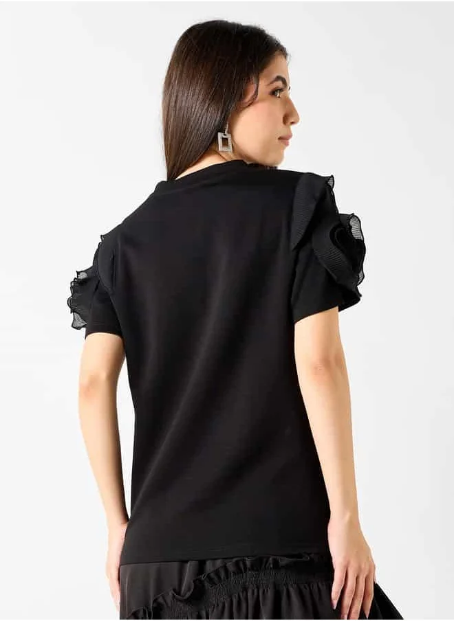 2Xtremz 2Xtremz Butterfly Embellished T-shirt with Ruffle Detail Sleeves