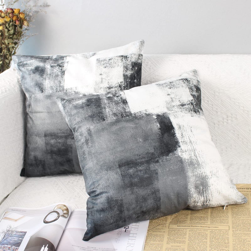 OYIMUA Set of 2 Decorative Velvet Cushion Covers 50 x 50 cm Abstract Art Decor Pillow Case Grey White Cushion Cover 20x20 inches for Outdoor Patio Garden Blench Living Room Sofa Farmhouse Decor