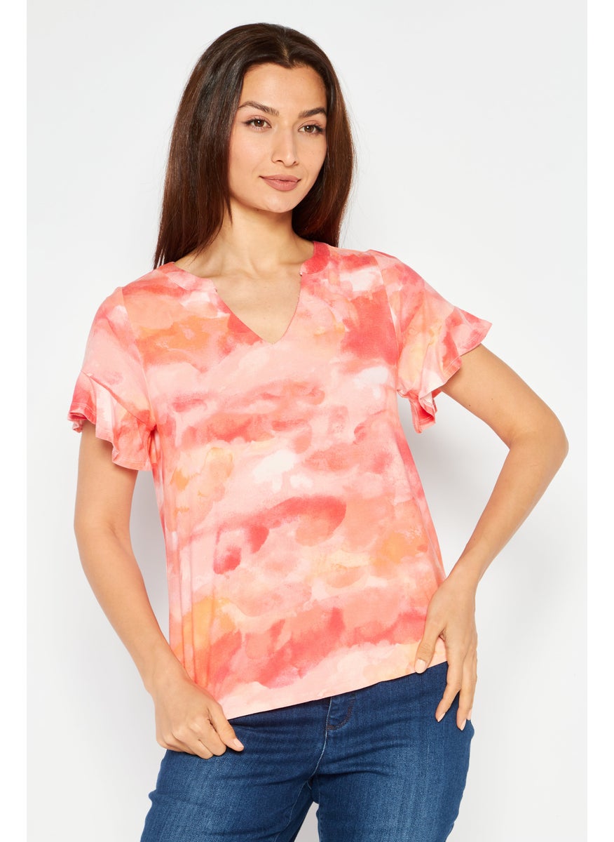 Women Split Neck Flutter Sleeve Tie Dye Top, Coral - pzsku/ZC2AA66C527BD10FE81C3Z/45/_/1731420669/ac6be759-e68c-4e9b-a88b-d5aba61759a7