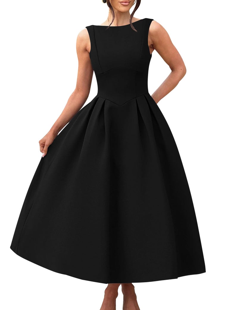 YMDUCH Women's Elegant Sleeveless Crew Neck Backless Swing A Line Evening Party Long Dress Black - Image 1