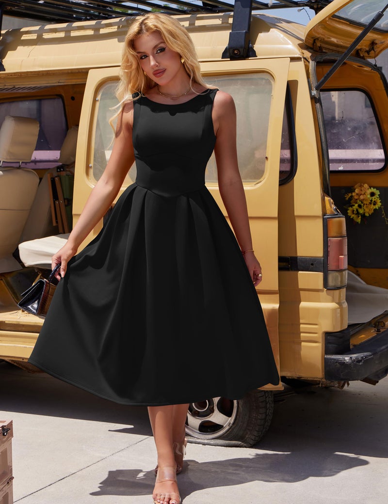 YMDUCH Women's Elegant Sleeveless Crew Neck Backless Swing A Line Evening Party Long Dress Black - Image 5