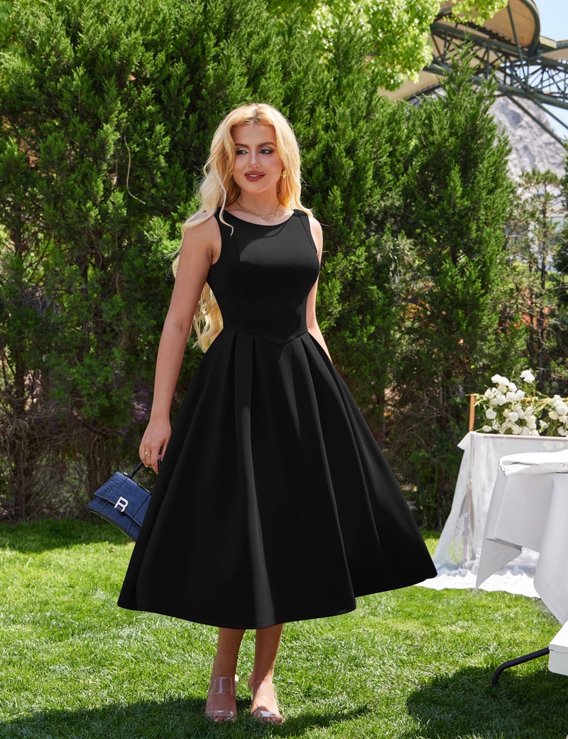 YMDUCH Women's Elegant Sleeveless Crew Neck Backless Swing A Line Evening Party Long Dress Black - Image 3