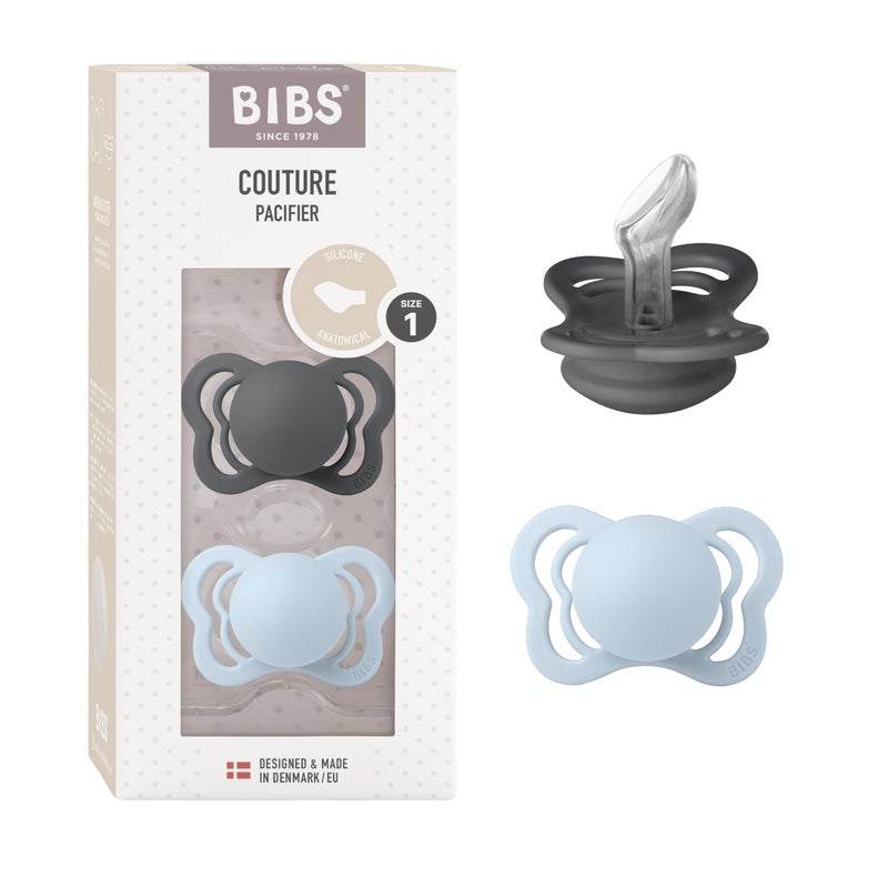 BIBS Pacifiers - Couture Collection | BPA-Free Anatomical Nipple | Silicone | Made in Denmark | Set of 2 Iron/Baby Blue Color Premium Soothers | Size 0-6 Months - Image 1