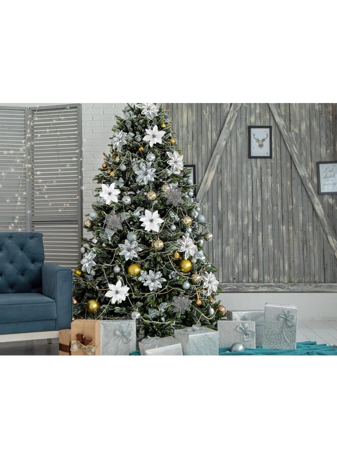 30PCS Christmas Glitter Poinsettia Artificial Flowers Christmas Flower Decoration Wedding Christmas Tree New Year Ornaments (Silver) - Image 3