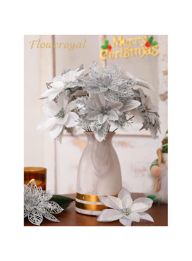 30PCS Christmas Glitter Poinsettia Artificial Flowers Christmas Flower Decoration Wedding Christmas Tree New Year Ornaments (Silver) - Image 2