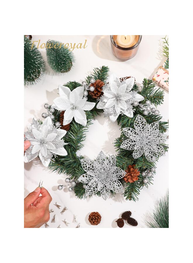 30PCS Christmas Glitter Poinsettia Artificial Flowers Christmas Flower Decoration Wedding Christmas Tree New Year Ornaments (Silver) - Image 5