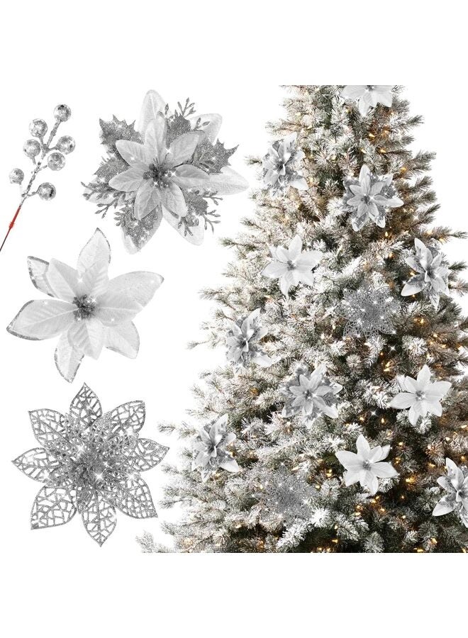 30PCS Christmas Glitter Poinsettia Artificial Flowers Christmas Flower Decoration Wedding Christmas Tree New Year Ornaments (Silver) - Image 1
