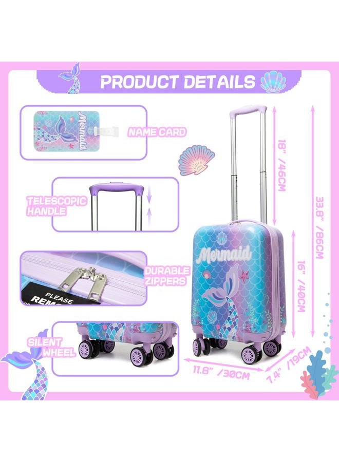 Inprof Cute Mermaid Kid's Luggage Set 2 Piece 16” Hardside Luggage with Spinner Wheels Girls Travel Rolling Luggage Carry On Airline Approved - Image 2