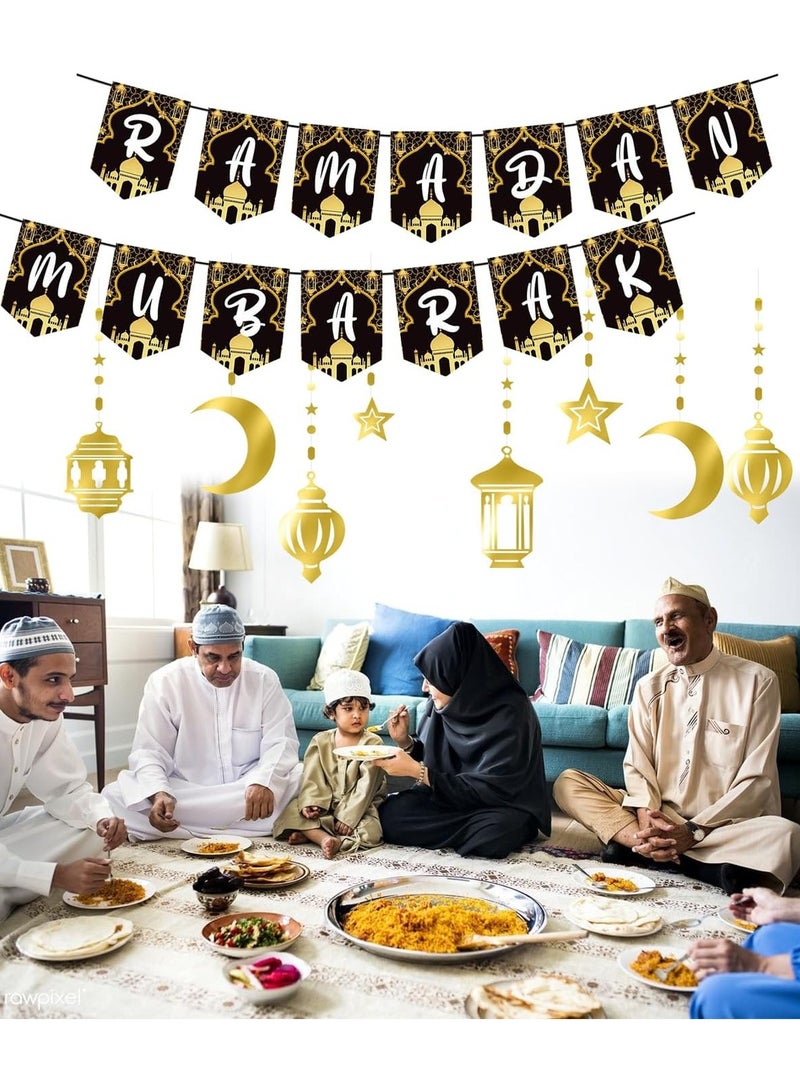 VUCATIN Ramadan Mubarak Decorations for Home Ramadan Sign with Hanging Backdrop Banner for Wall Party Supplies Gold Black - Image 1
