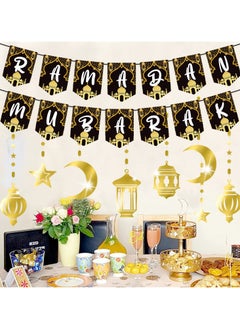 VUCATIN Ramadan Mubarak Decorations for Home Ramadan Sign with Hanging Backdrop Banner for Wall Party Supplies Gold Black  - Image 4