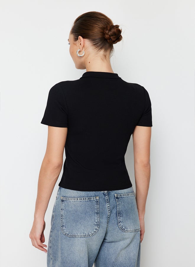 trendyol Black Polo Neck Buttoned Short Sleeve Stretchy Ribbed Knitted Blouse TWOSS24BZ00111 - Image 5