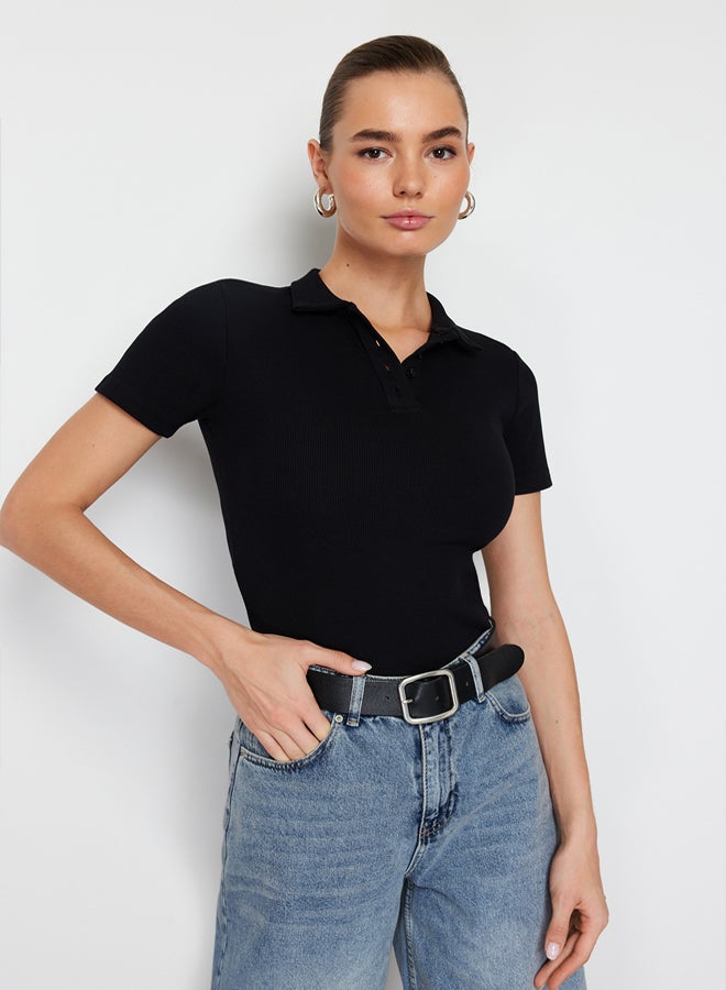 trendyol Black Polo Neck Buttoned Short Sleeve Stretchy Ribbed Knitted Blouse TWOSS24BZ00111 - Image 2