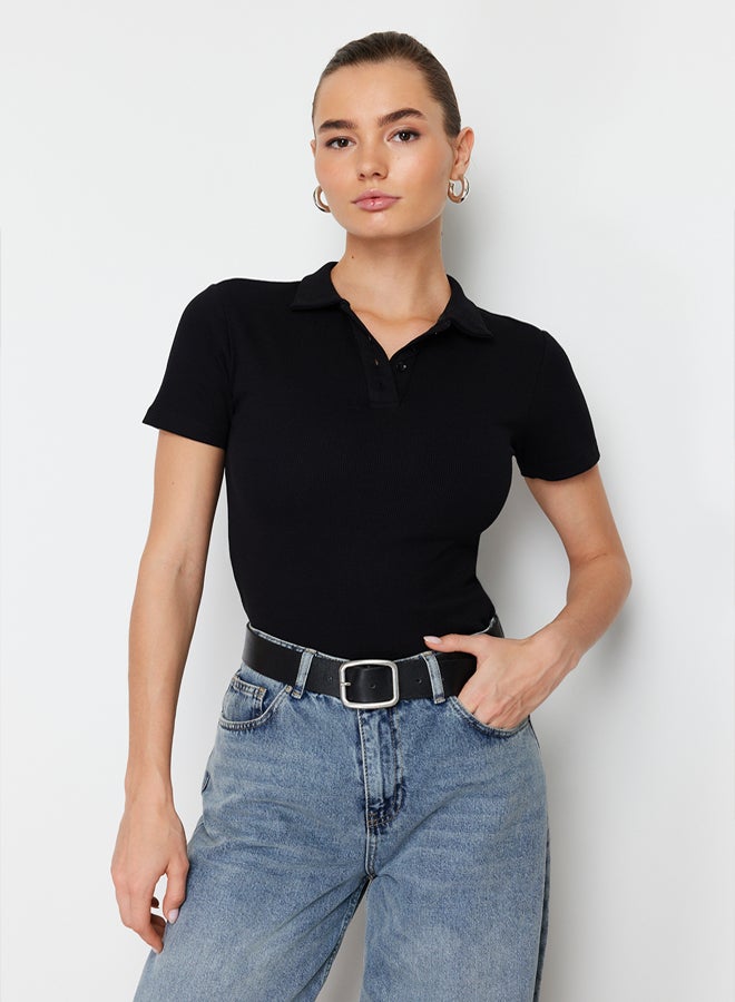 trendyol Black Polo Neck Buttoned Short Sleeve Stretchy Ribbed Knitted Blouse TWOSS24BZ00111 - Image 1