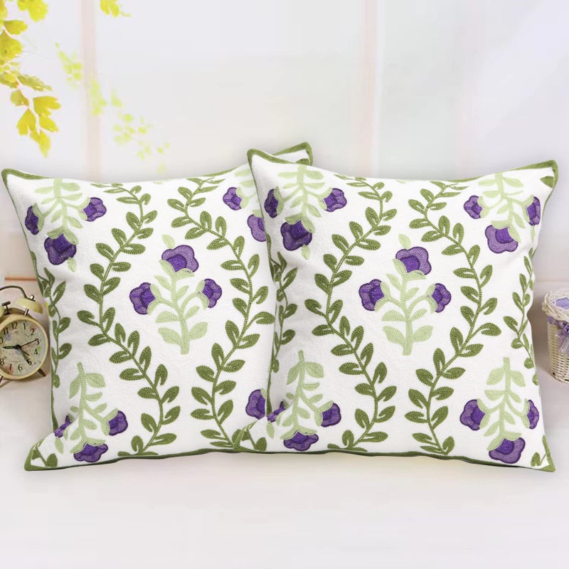 Pilmandu Set of 2 Embroidered Decorative Throw Pillow Covers Couch Square Pillowcases Cushion for Bedroom Sofa Farmhouse Decor 18x18 Inch (Purple Floral) - Image 3