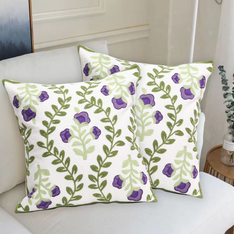 Pilmandu Set of 2 Embroidered Decorative Throw Pillow Covers Couch Square Pillowcases Cushion for Bedroom Sofa Farmhouse Decor 18x18 Inch (Purple Floral) - Image 2